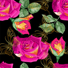 Roses and butterfly gold line ,seamless pattern on black background
