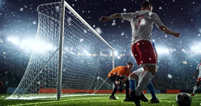 Attacker receives a pass and scores a goal on a professional soccer stadium while it's snowing. Stadium and crowd are made in 3D and animated.