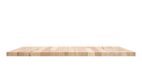 Empty top wooden table shelves with isolated on white background.Counter for display or montage of product.