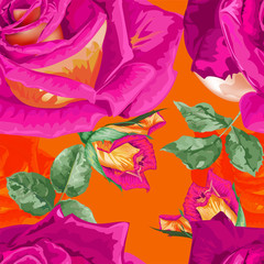 Roses seamless pattern on orange background