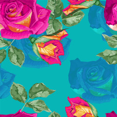 Roses seamless pattern on turqouise background,Vintage styles