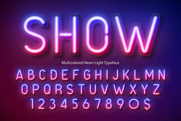 Neon light alphabet, multicolored extra glowing font © Aleksandr