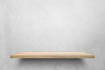 Empty top wooden shelves with grunge cement or concrete wall texture background.Counter for display or montage of product.