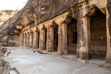 Facade of the Monastery. Ajanta Caves, rock-cut Buddhist cave monuments in Aurangabad, Maharashtra, India