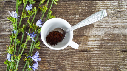 Ground chicory and chicory flowers on wooden background.