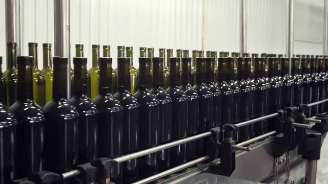 Bottling and sealing conveyor line at winery factory