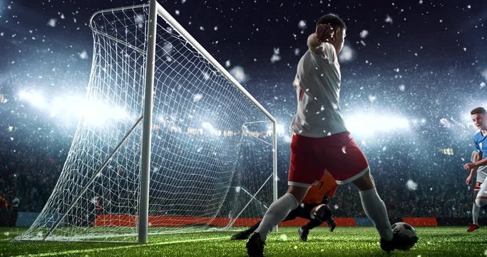 Defender saves from a goal on a professional soccer stadium while it's snowing. Stadium and crowd are made in 3D and animated.