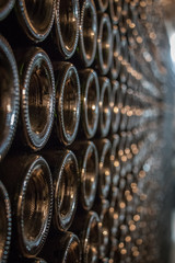 cava subterránea con vino en toneles de roble