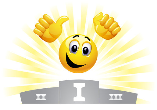 Vecteur Stock Smiley emoticon in the winners podium. Smiley take first  place. | Adobe Stock