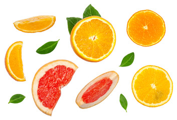 Sliced pieces of grapefruit, orange, lemon isolated on white, top view