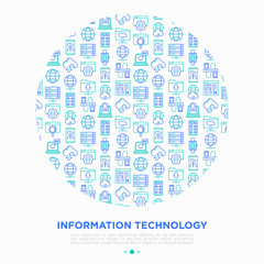 Information technology concept in circle with thin line icons: social network, system backup, search, LAN network, connection, API, feedback, video call, online news. Vector illustration.