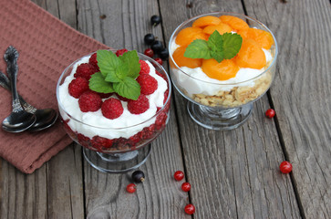 Dessert cups of Pecheneg, cottage cheese, raspberry, and apricot
