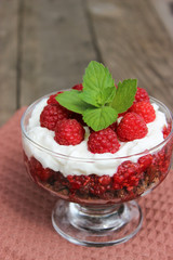 Dessert cups of Pecheneg, cottage cheese, raspberry, and apricot