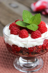 Dessert cups of Pecheneg, cottage cheese, raspberry, and apricot