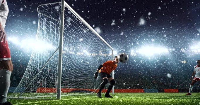 Attacker receives a pass and scores a header goal on a professional soccer stadium while it's snowing. Stadium and crowd are made in 3D and animated.