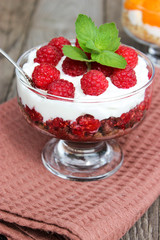 Dessert cups of Pecheneg, cottage cheese, raspberry, and apricot