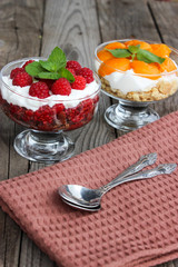 Dessert cups of Pecheneg, cottage cheese, raspberry, and apricot