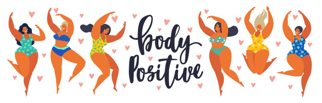 Body positive. Happy girls are dancing. Attractive overweight woman. Vector illustration.
