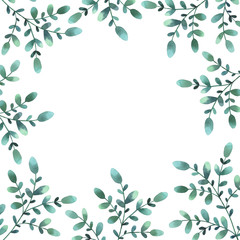 Template with green branches of leaves. Square floral frame. Hand drawn watercolor illustration. Botanical label. For invitations, greeting cards, natural cosmetics, packing and tea.