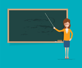 teacher character pointing to a blackboard in classroom. woman presenting at classroom.