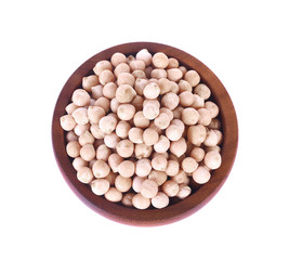 uncooked chickpeas in wooden bowl on white background