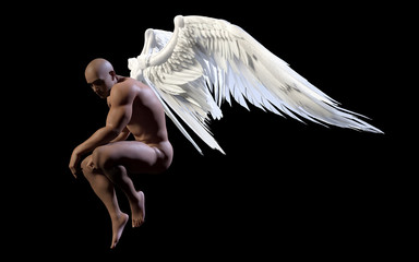 Fototapeta premium 3d Illustration Angel Wings, upierzenie białe skrzydło na białym na czarnym tle ze ścieżką przycinającą.