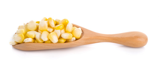 Fresh corn in wooden scoop isolated on white background