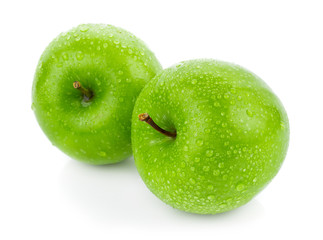 green apple with Drop of water on white background