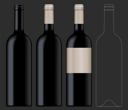 Realistic vector illustration of black wine bottle Isolated on dark background. Front view of the wine bottle with label, bottle without label and linear technical drawimg of the wine bottle.