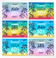 Fototapeta na wymiar Summer Sale - collection of colourful banners with tropical palms. Vector.