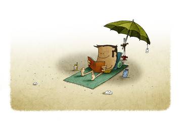 illustration of beach, under an umbrella a man is lying on a towel while reading a book.