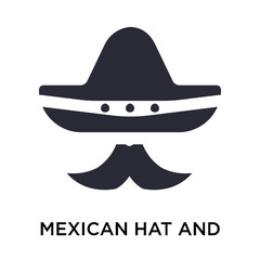 Mexican hat and mustache icon vector sign and symbol isolated on white background, Mexican hat and mustache logo concept