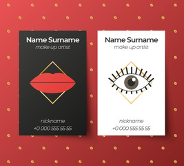 Business card vector template. Make up artist. White, black, red and golden colors. Illustrations of lips and eyes