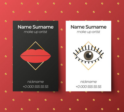 Business card vector template. Make up artist. White, black, red and golden colors. Illustrations of lips and eyes