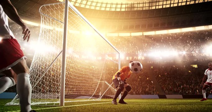 Attacker receives a pass and scores a header goal on a professional soccer stadium while the sun shines. Stadium and crowd are made in 3D and animated.