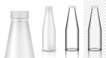 Mock up Realistic Glass Transparent Packaging Product For Milk or Water Juice Bottle isolated Background.
