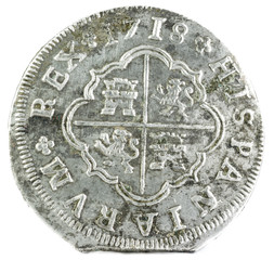 Ancient Spanish silver coin of the King Felipe V. 1718. Coined in Sevilla. 4 reales. Reverse.