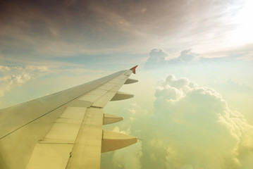 view from Aeroplane, Aero view, bird eye view, sky view with wing plane