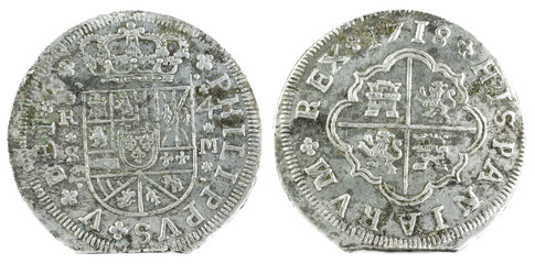 Ancient Spanish silver coin of the King Felipe V. 1718. Coined in Sevilla. 4 reales.