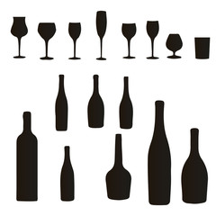 Silhouette of a collection of bottles and wine glasses with a cocktail, on white background, for design,