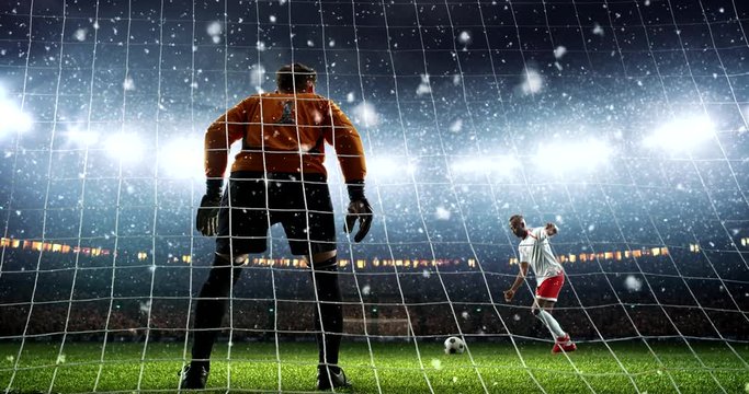 Soccer player scores a goal by a penalty kick, and celebrates his victory on a professional soccer stadium while it's snowing. Stadium and crowd are made in 3D and animated.