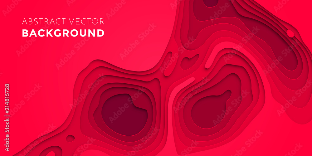 Poster Papercut geometric topography pattern on red 3D multi layer background with geometric pink red liquid gradient