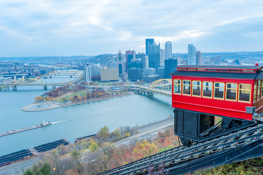 View of historic Duquesne Incline car and Pittsburgh panorama from the observation deck