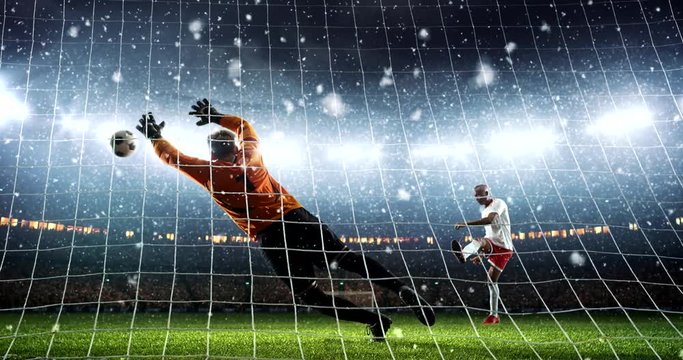 Soccer player fails to score a goal by a penalty kick on a professional soccer stadium while it's snowing. Stadium and crowd are made in 3D and animated.