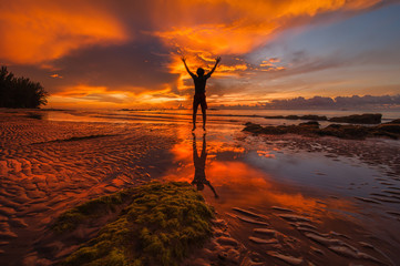 view of beautiful sunset seascape at Kudat, Sabah Malaysia. soft focus due to long expose.