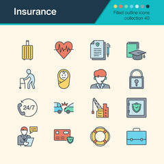 Insurance icons. Filled outline design collection 40. For presentation, graphic design, mobile application, web design, infographics.