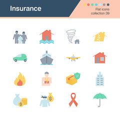 Insurance icons. Flat design collection 39. For presentation, graphic design, mobile application, web design, infographics.