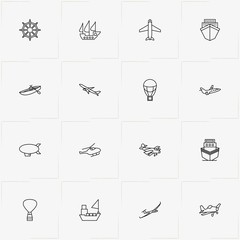 Air And Water Transport line icon set with ship, air balloon and airplane
