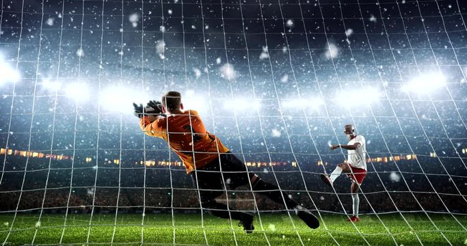 Goalkeeper shows great save from a penalty kick, catching a ball in a jump on a professional soccer stadium while it's snowing. Stadium and crowd are made in 3D and animated.
