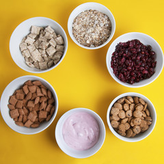 Bowls of whole grain muesli, dried fruits, granola and oat meals arranged in circle with copy space in centre. Isolated on yellow background. Top view. Square Image.